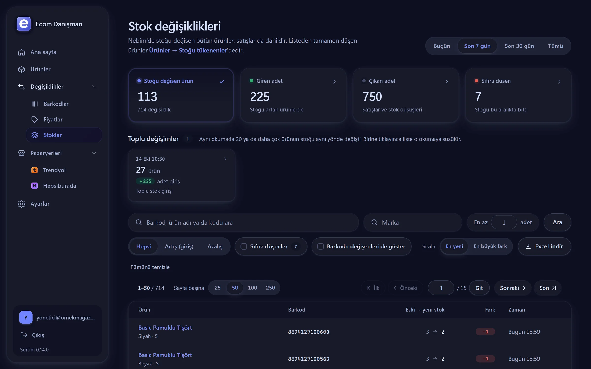 Değişiklikler: stok, fiyat ve barkod geçmişi